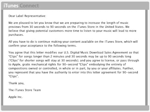 Apple letter to labels informing them of the change to 90 second samples