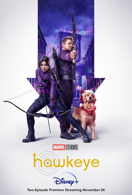Hawkeye Series movie poster shows Clint, Kate Bishop and a lucky dog with a slice of pizza.
